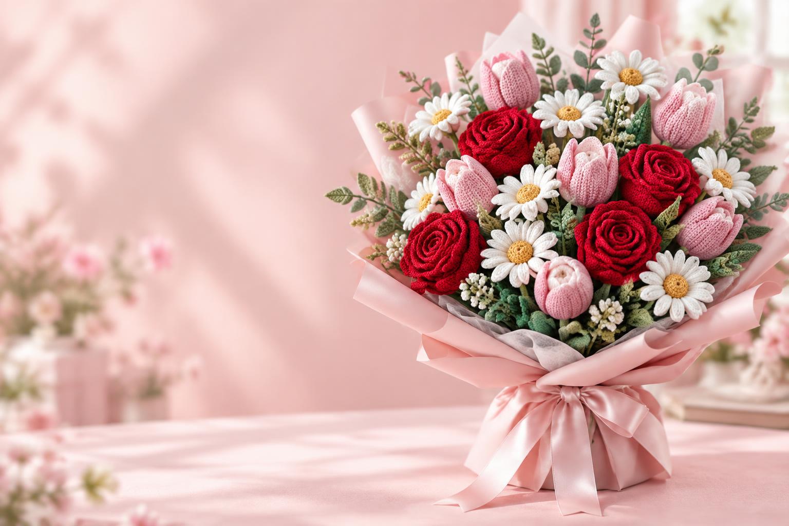 Hand-knitted rose, tulip and daisy bouquet in blush wrapping