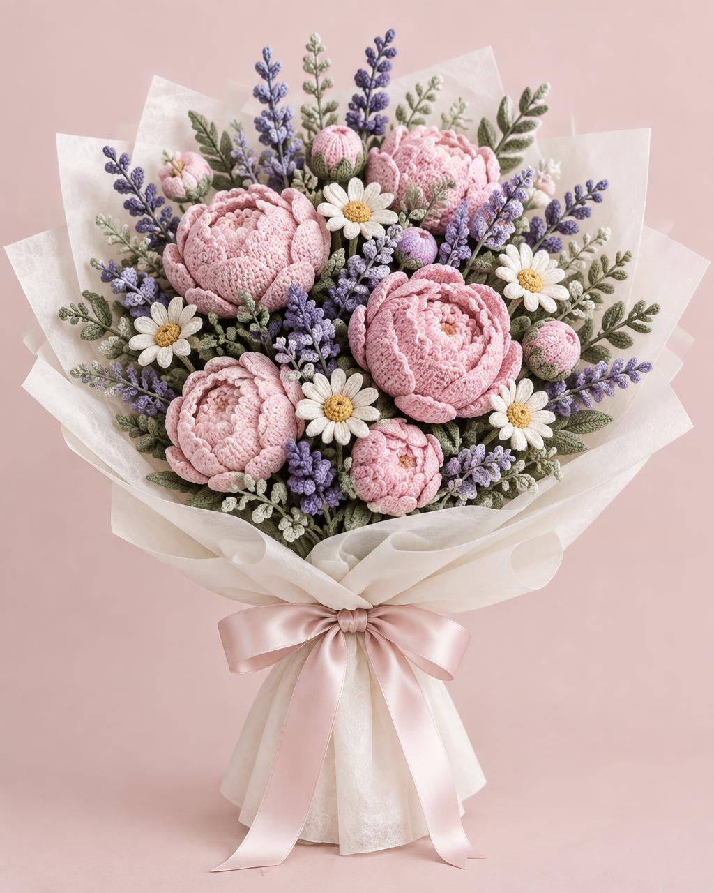 Pink and lavender hand-knitted bouquet